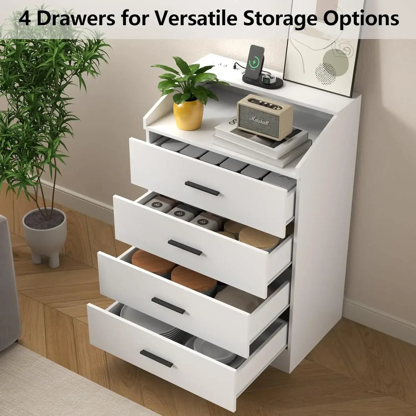 Dresser with Power Outlet, Chest of Drawers with LED Light, White Dresser Organizer with Open Storage Cubby, Modern Nightshatnd