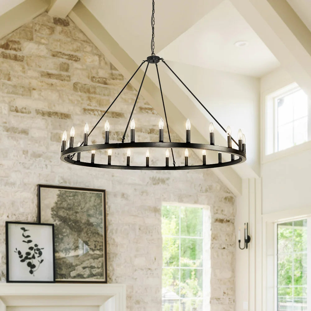 24-Light Wagon Wheel Chandelier Round Matte 54 inch Modern Rustic Farmhouse Pendant Light Large Chandeliers for Living Room