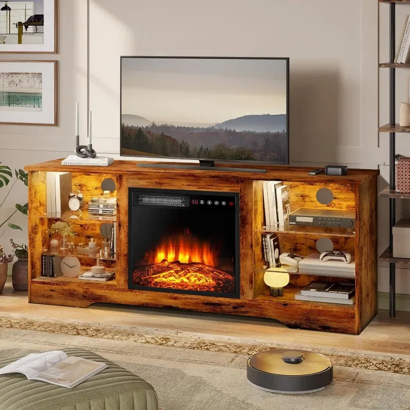 Meuble TV avec cheminée de 58 pouces pour téléviseurs jusqu'à 65 pouces Console avec cheminée électrique de 18 pouces et télécommande, divertissement moderne en bois