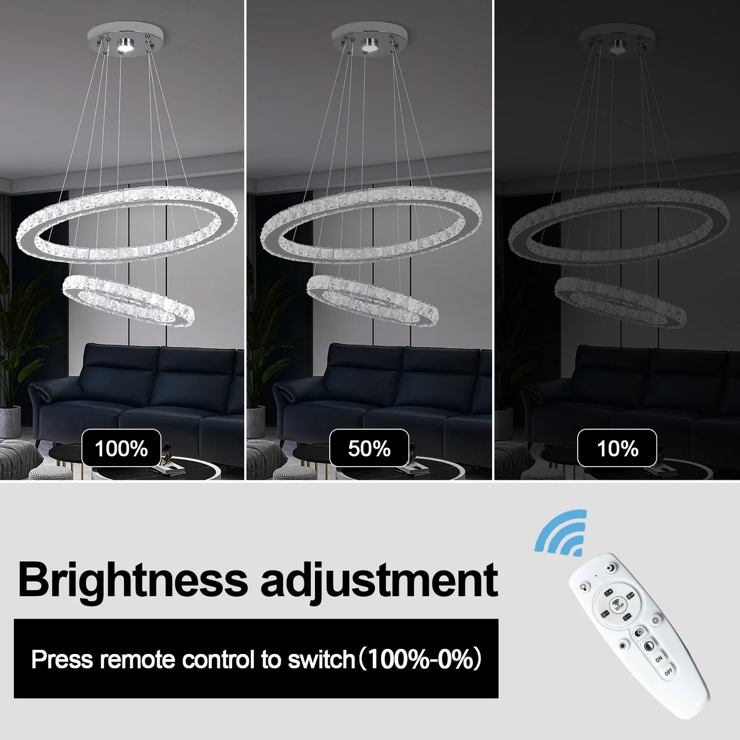 Lámpara de araña de cristal moderna, lámpara colgante con atenuación LED cromada para sala de estar, lámpara colgante ajustable para dormitorio con control remoto