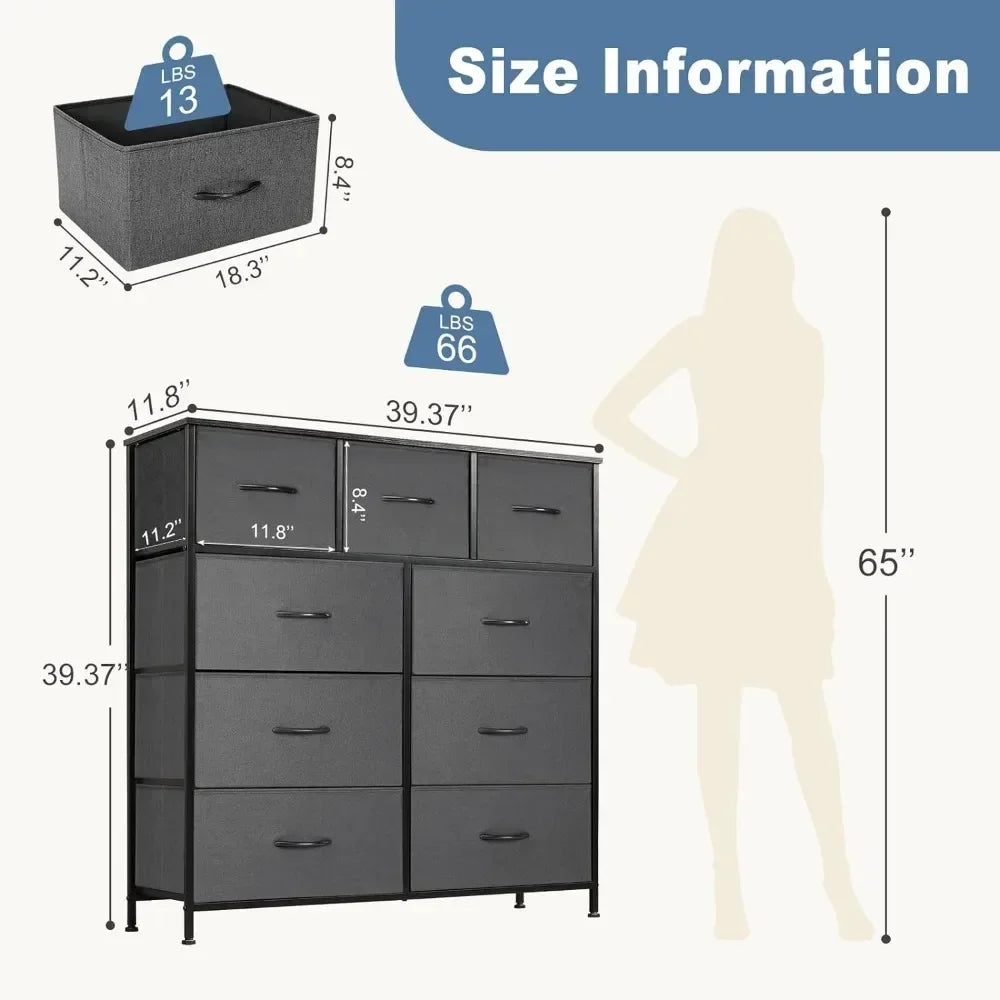 Cómoda para dormitorio, cajones de almacenamiento, torre de almacenamiento de tela con 9 cajones, cómoda con compartimentos de tela, estructura de metal resistente