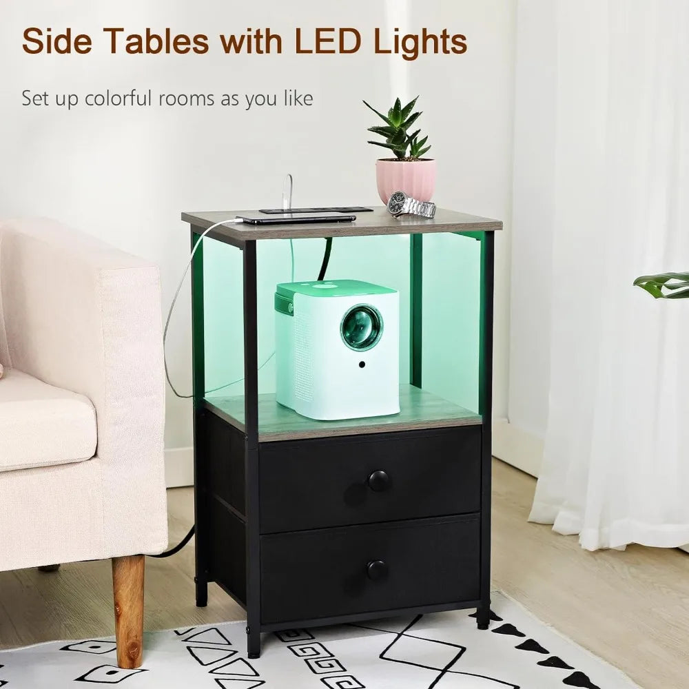 Nightstands Set of 2, LED Night Stand with Charging Station, Modern End Tables Living Room with 2 Fabric Drawers