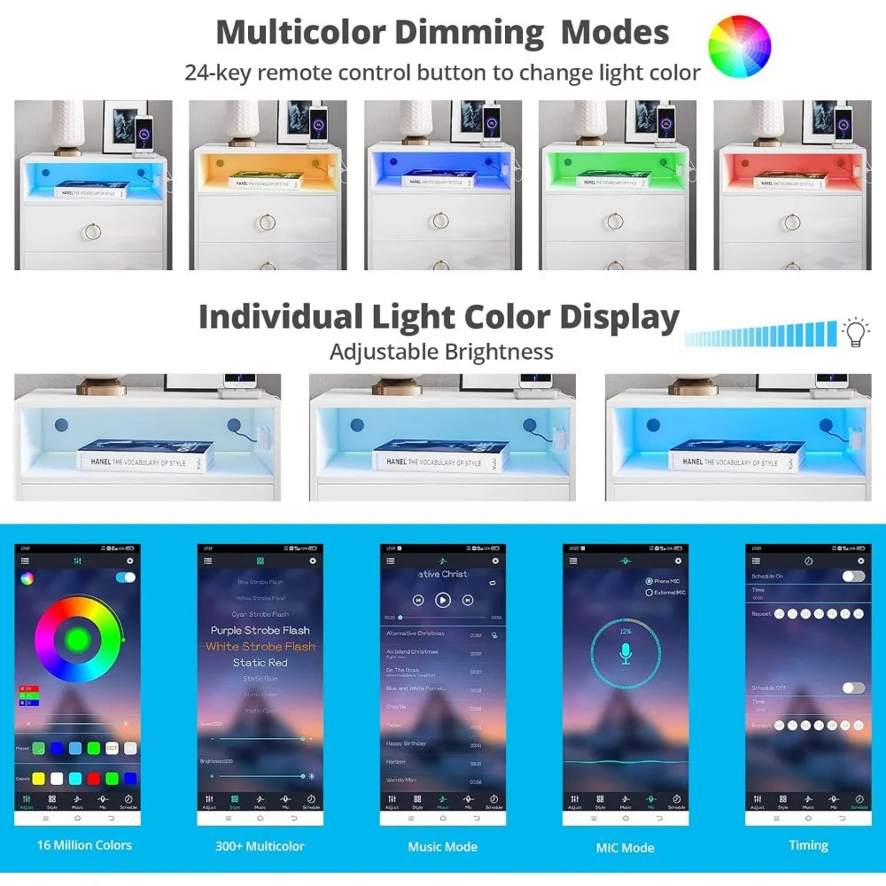 Ensemble de 2 tables de chevet à LED avec station de charge, étagère ouverte, 2 tiroirs, port USB, lumière 16 couleurs, table de chevet LED intelligente haute brillance