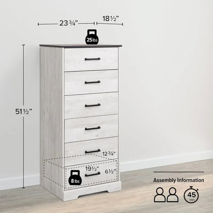 Cómoda alta blanca Astrid: 16" de profundidad x 20" de ancho x 52" de alto, cómoda de 6 cajones para dormitorio de Prepac: cómoda perfecta para un amplio espacio