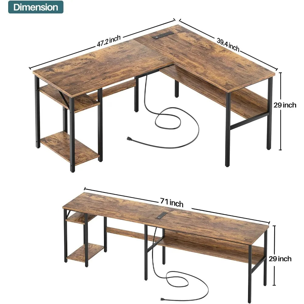 Bureau d'ordinateur rustique marron, bureau pour ordinateur portable facile à assembler, bureau d'angle réversible robuste avec étagères de rangement, meubles de chambre