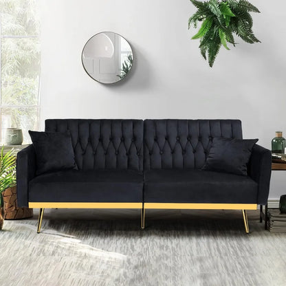 70in Velvet Futon Sofa Bed W/Adjustable Backrests and Armrests, Convertible Futon Couch with Two Pillows, Tufted Sleeper Bed