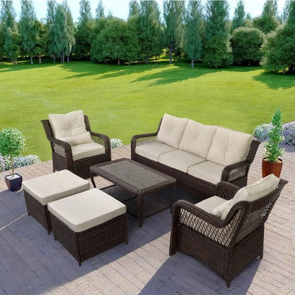 6 Pieces Patio Furniture Set, Wicker Outdoor Patio Conversation Sets, Sectional Rattan Sofa Chairs with Coffee Table