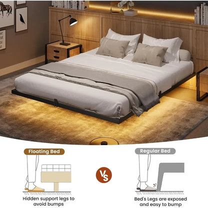 Cadre de lit flottant pleine grandeur avec lumières LED, plate-forme en métal pour lit double avec lattes en acier robustes et 4 butées coulissantes pour matelas