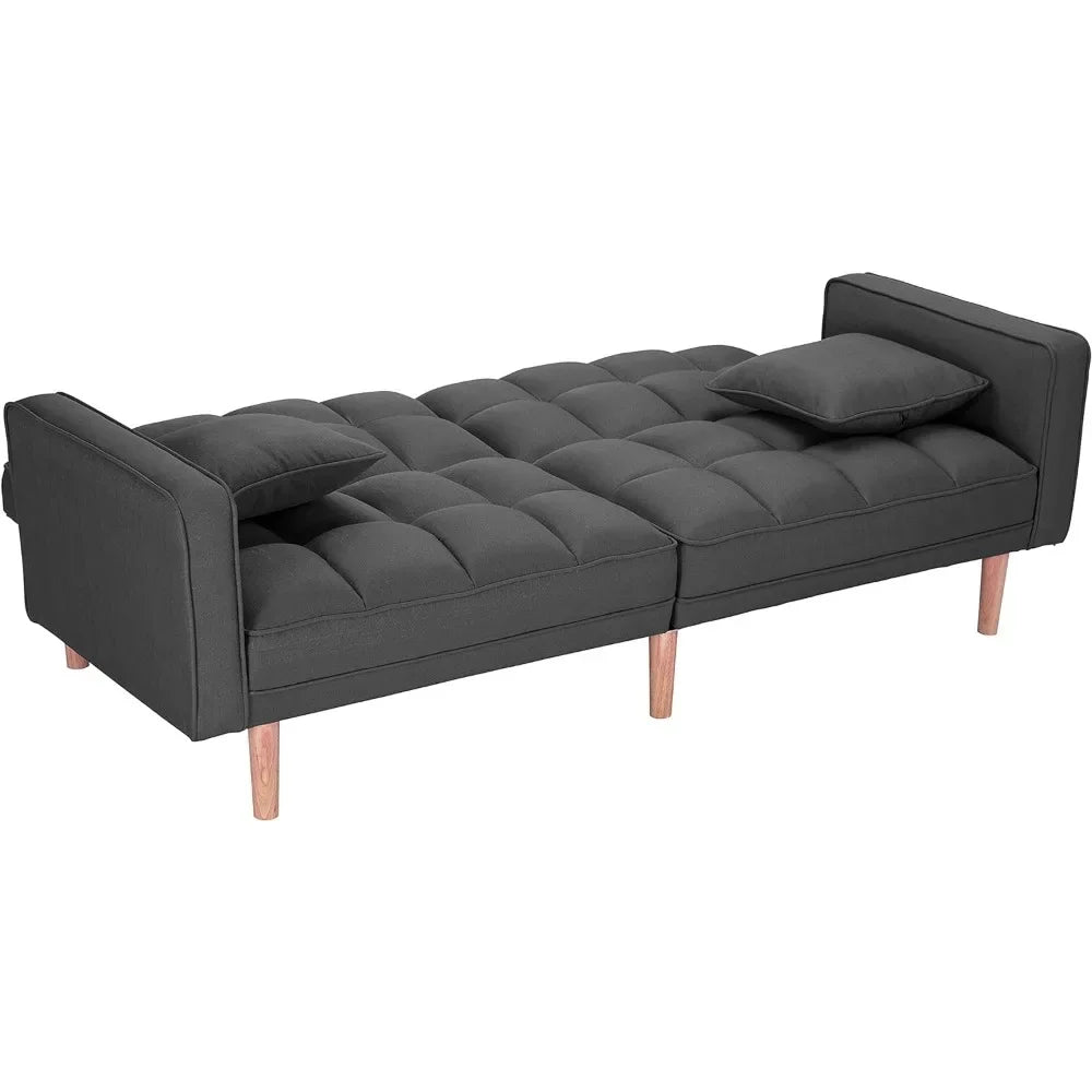 Sofá cama convertible moderno con mechones, sofá cama con chaise longue, cama individual con reposabrazos y 2 almohadas, sala de estar, gris oscuro