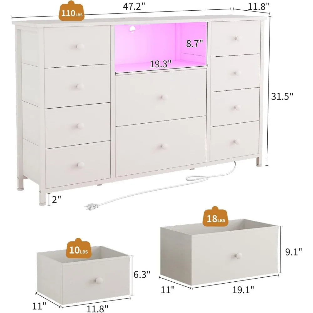 Dresser with Charging Station and LED Lights, Long Dresser for Bedroom Dresser TV Stand with 10 Drawers,