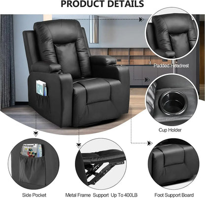 Suministros de muebles COMHOMA Sillón reclinable de cuero mecedora con masaje calefaccionado Asiento de sofá individual giratorio de 360 ​​grados