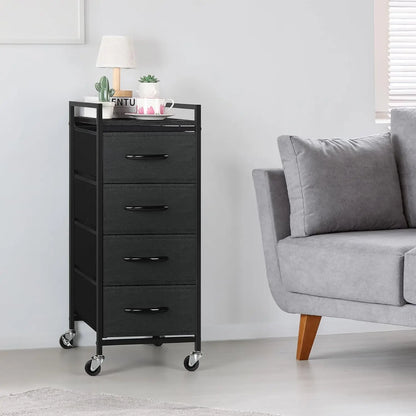 Commode de rangement en tissu pour chambre à coucher, unité de rangement à 4 tiroirs, petite table de nuit à tiroirs verticaux avec roulettes (gris foncé)