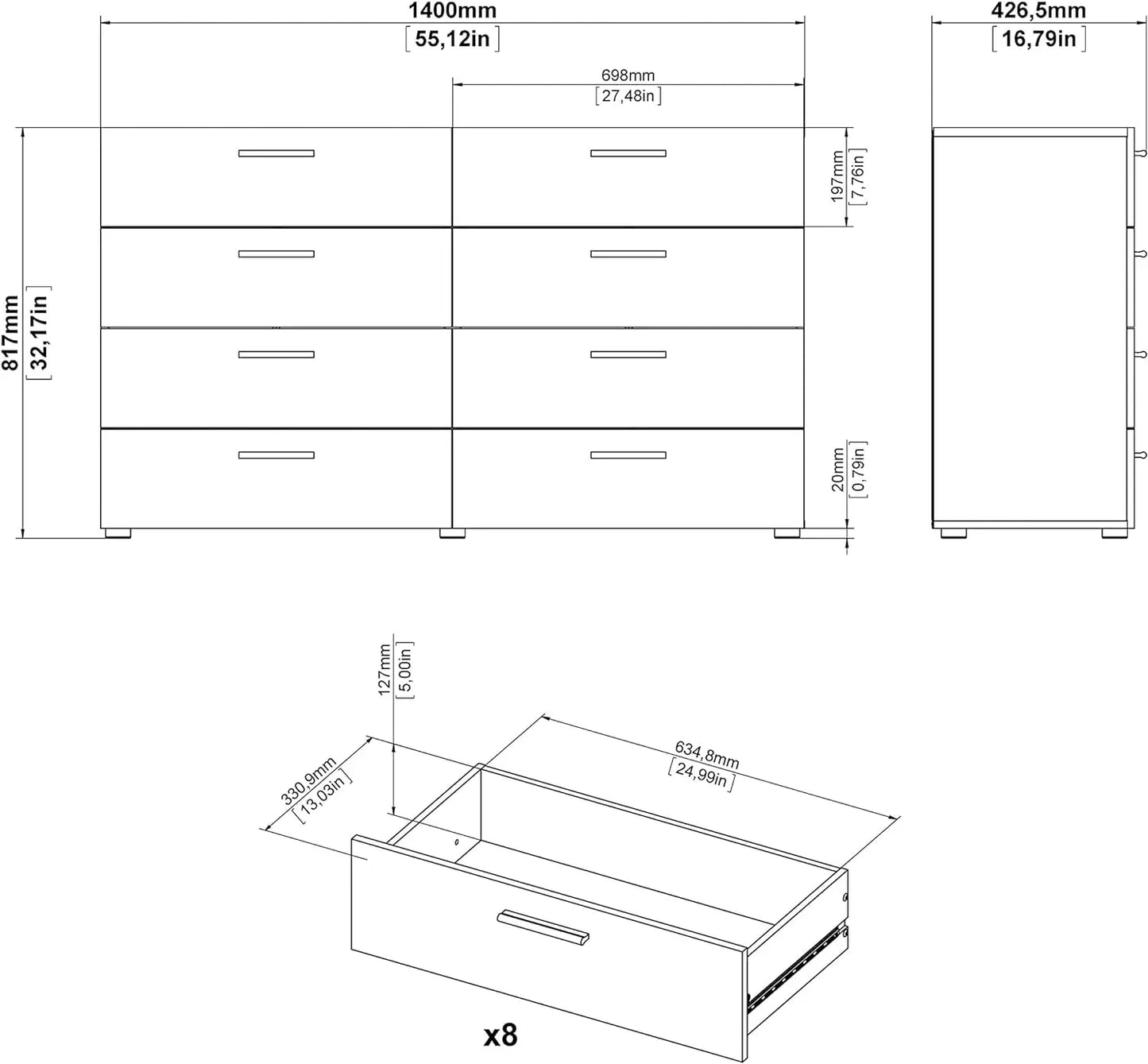 Cómoda independiente con 8 cajones y dos cajones para dormitorio, 40,6 cm de profundidad x 139,5 cm de ancho x 81,5 cm de alto, veta de madera negra/trufa