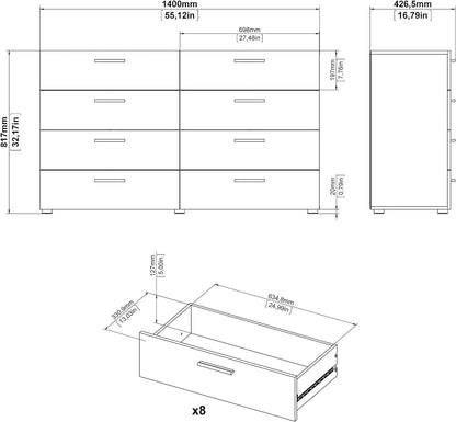 Commode double et à 8 tiroirs, commode autoportante, pour chambre à coucher, 16 po P x 55 po L x 32 po H, grain de bois noir / truffe