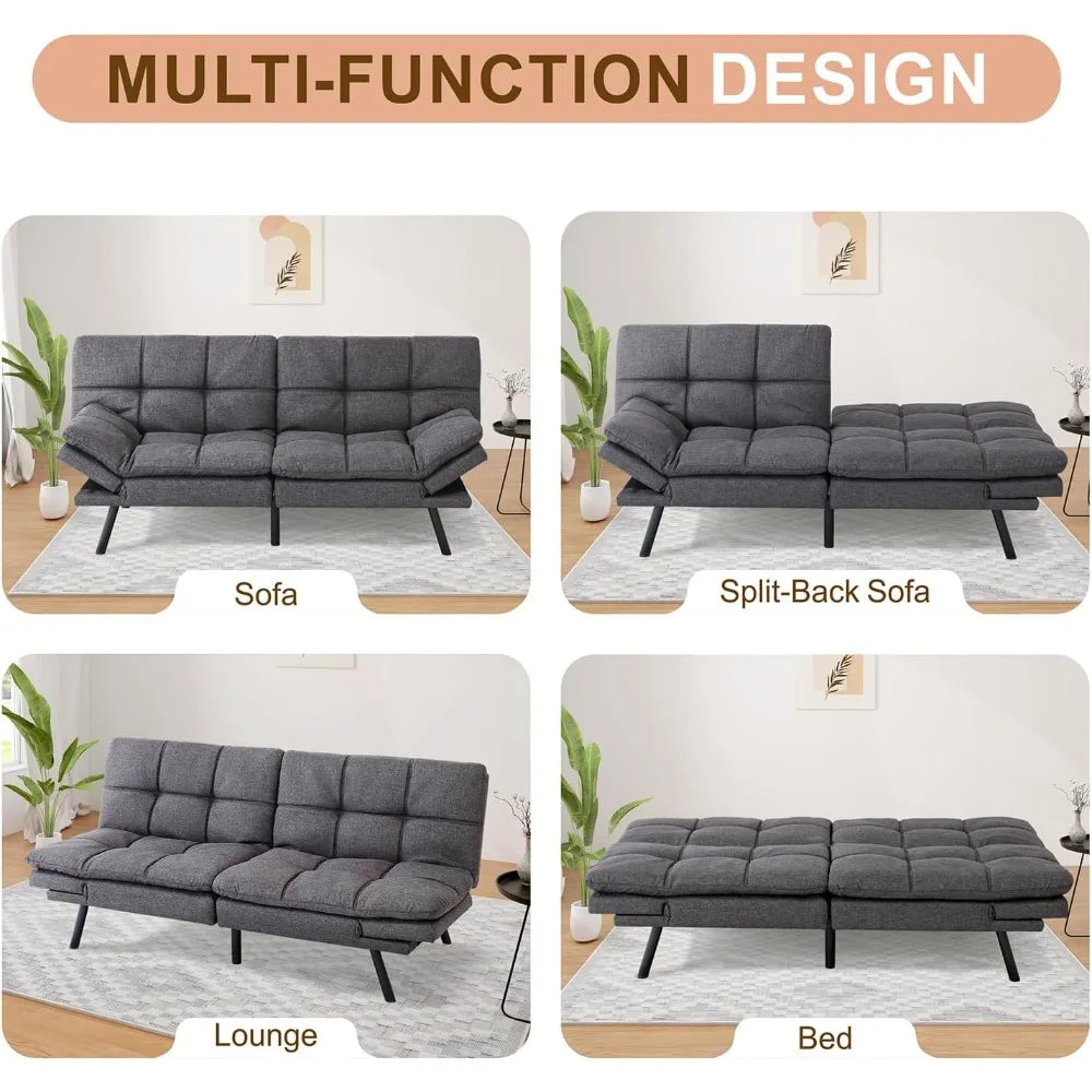 Bed Couch Memory Foam Convertible Modern Sleeper Sofa with Adjustable Armrests and Metal Legs, Grey Sofabed