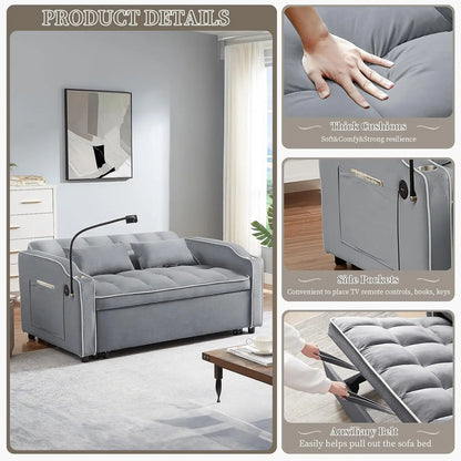 Canapé-lit convertible 3 en 1 en velours avec port USB et Type C, canapé-causeuse futon confortable avec dossier réglable, support de téléphone et porte-gobelet