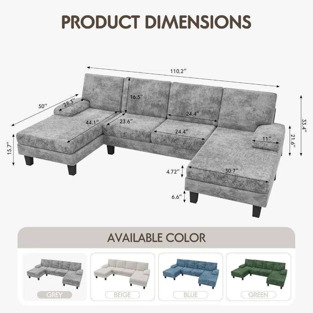 Convertible Sectional Sofa U-Shaped Couch with Soft Modern Cotton Chenille Fabric for Living Room, Oversized Seats