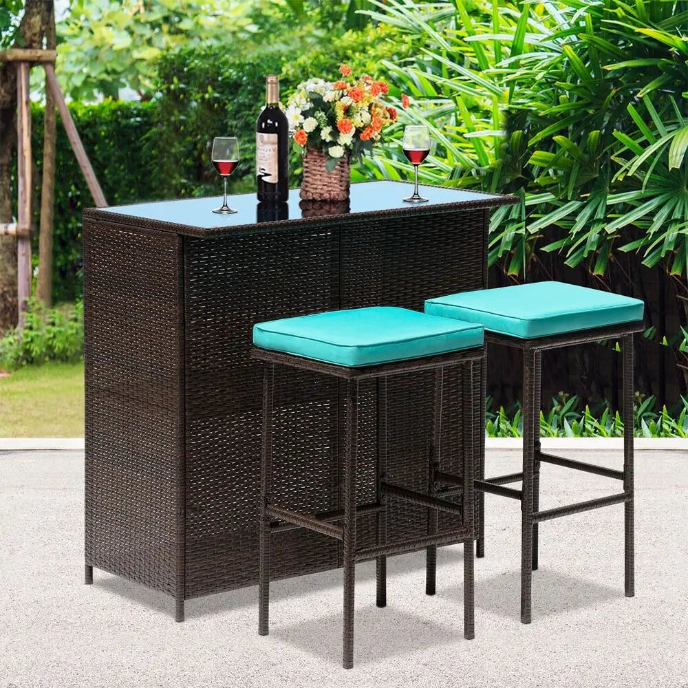 3PCS Patio Bar Set Outdoor Furniture Set Wicker Bistro Set with Two Stools for