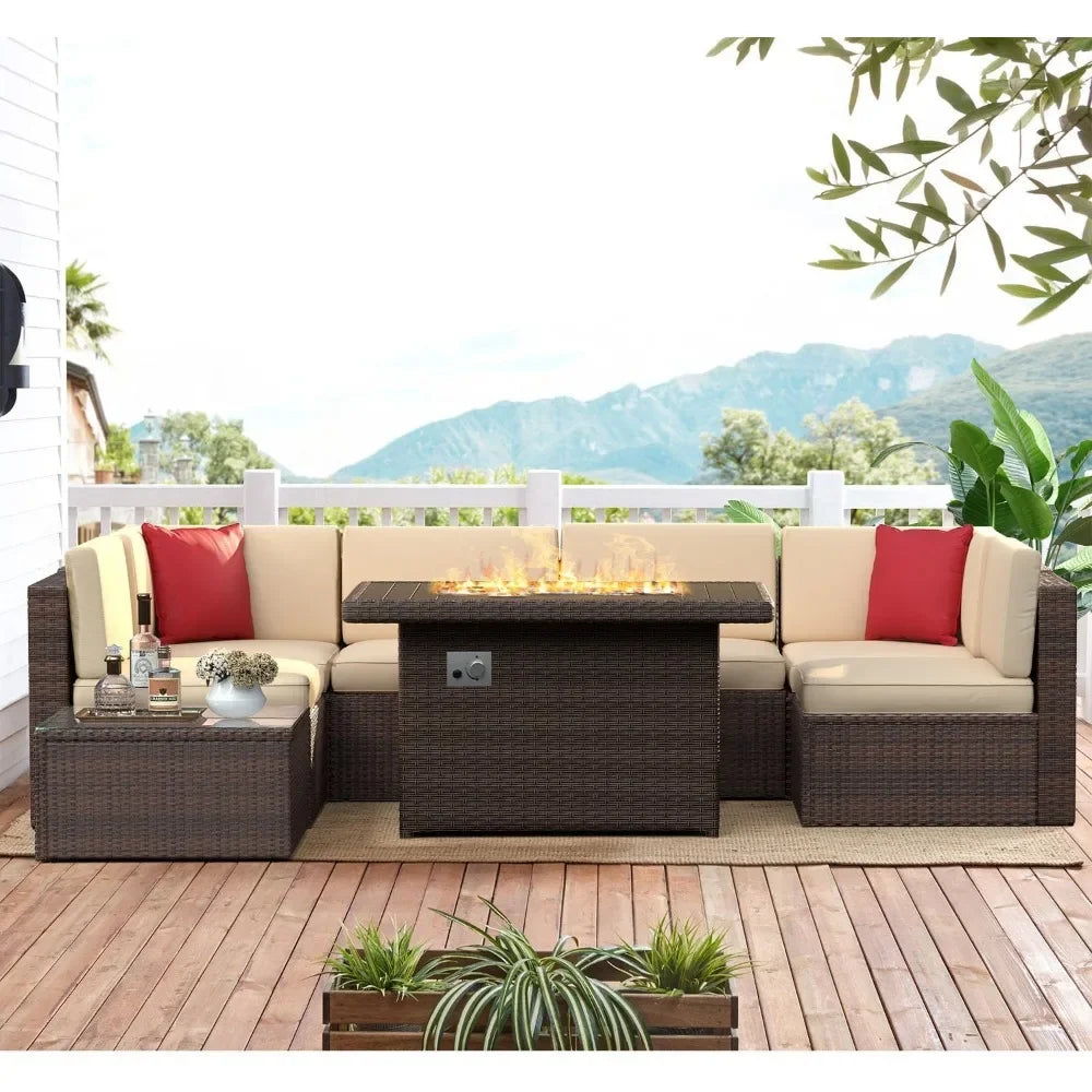 Garden Furniture 8 Pieces Set with 40" Fire Pit Outdoor Sofa Sets, Wicker Furniture Set with Coffee Table, Garden Furniture Sets