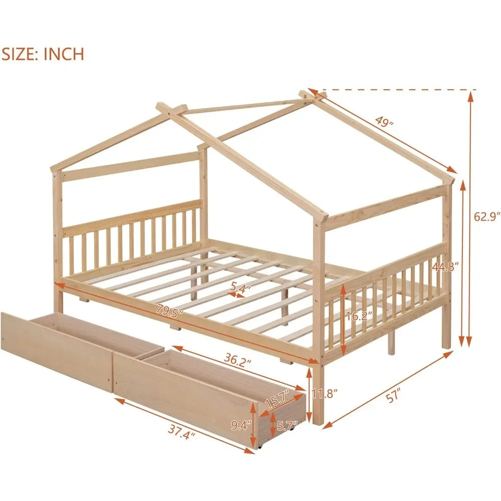 Lit de maison pleine grandeur pour enfants, lit Montessori, cadre de lit plate-forme pleine grandeur avec 2 tiroirs, lit pour filles et garçons (plein, naturel)