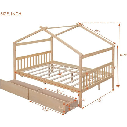 Full Size House Bed for Kids, Montessori Bed Full Size Platform Bed Frame with 2 Drawers,Bed for Girls & Boys (Full, Natural)