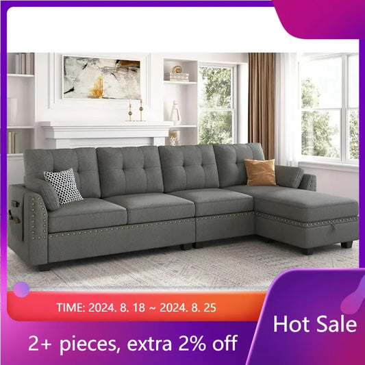 Sofa Living Room Sofas Reversible Sectional Sofa L-Shape Sofa Convertible Couch 4-Seater Sofas Sectional for Apartment Dark Grey