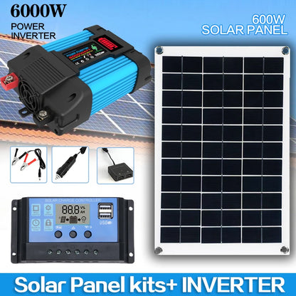 12V to 110V/220V Solar Panel System 600WSolar Panel Battery Charge Controller 6000W Solar Inverter Kit Complete Power Generation