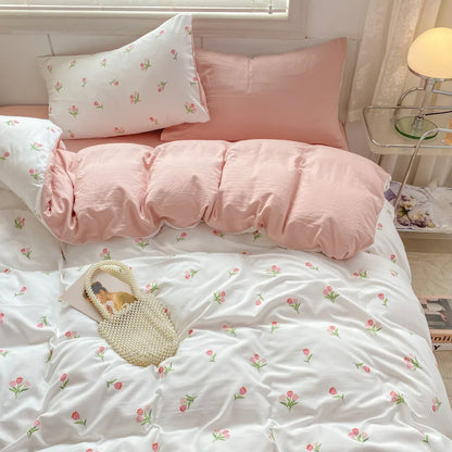 Parure de lit romantique rose tulipe avec drap plat et taie d'oreiller pour lit double, queen size, housse de couette florale pour enfants et filles, sans rembourrage