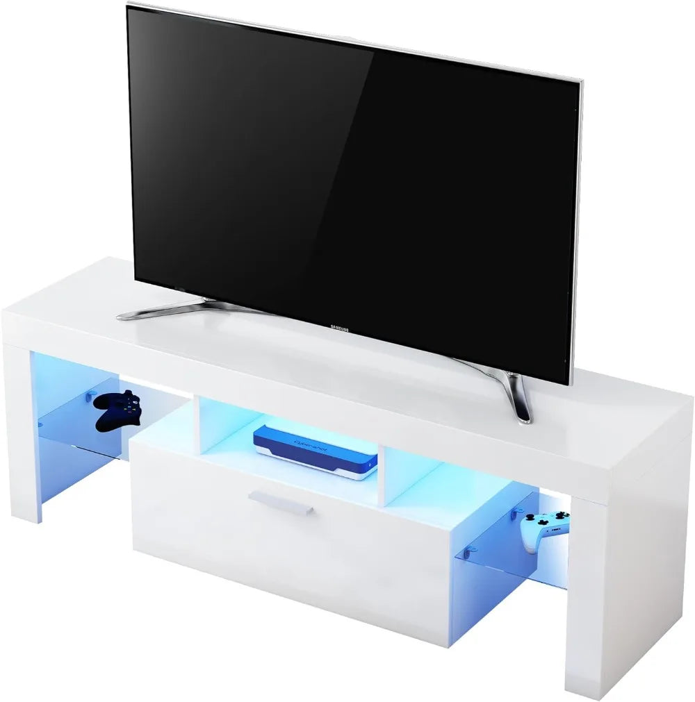 Meuble TV blanc moderne pour téléviseur 32/40/50/55+ pouces, console TV centrale de divertissement, support de table TV en bois clair LED 16 couleurs