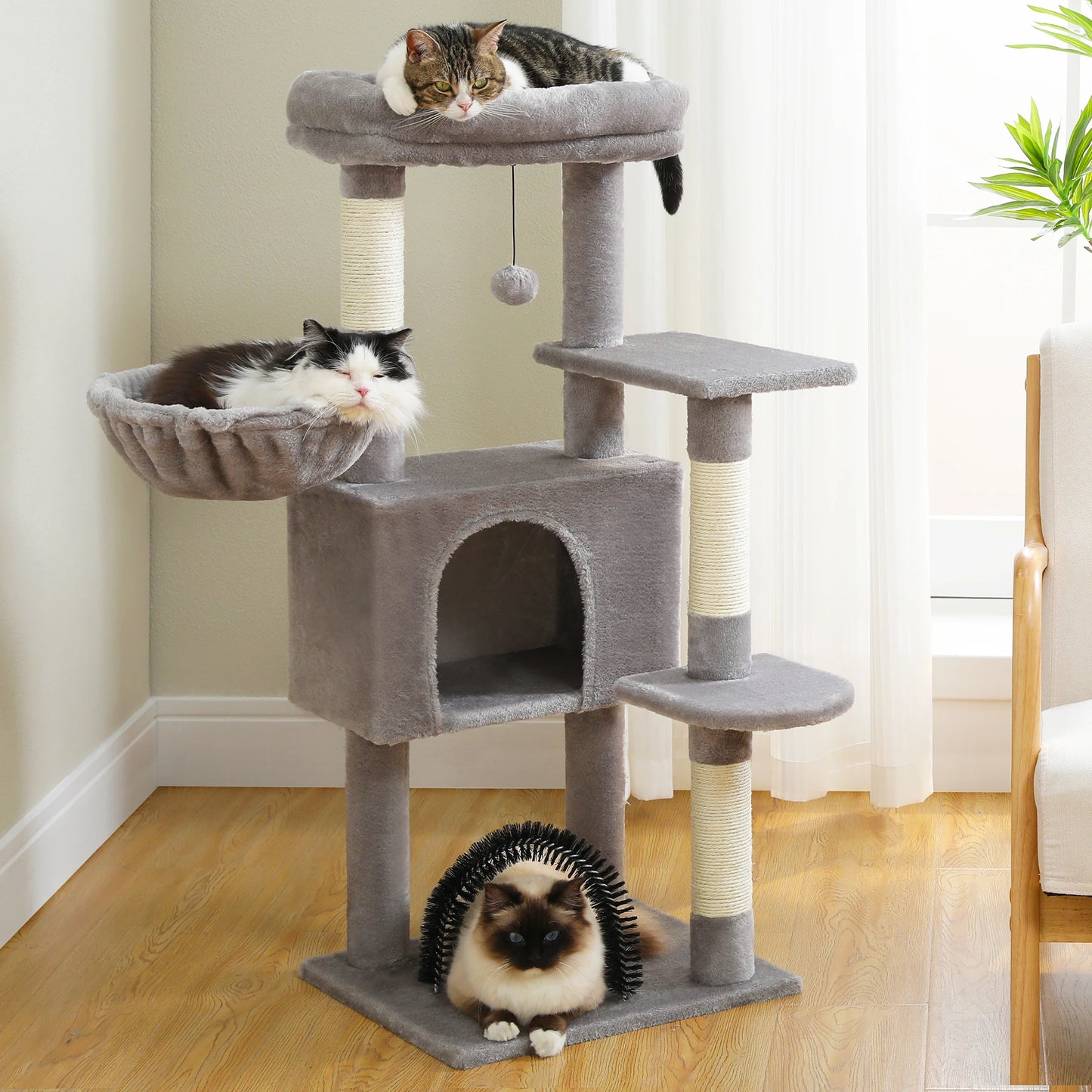 Arbre à chat de luxe pour animaux de compagnie, meuble de condo, tour à chat multicouche avec échelle, poteau à gratter en sisal naturel, jouet d'escalade et de saut