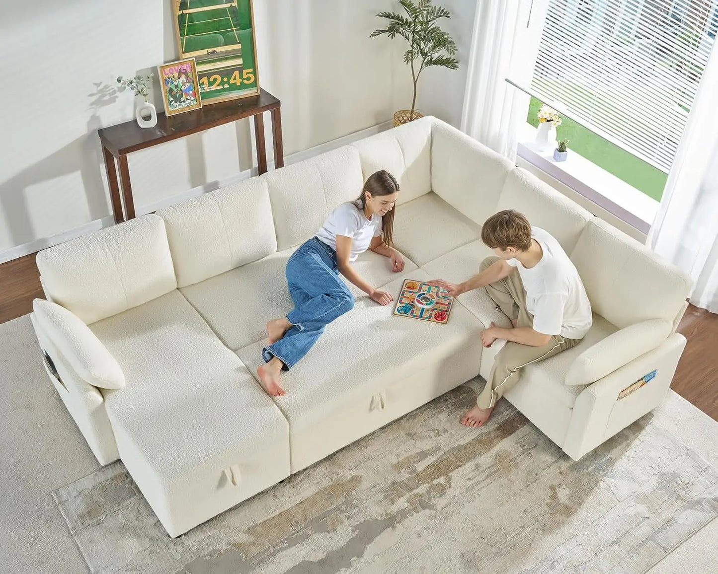 Fashionable Sofa Bed,Oversized U Shaped Couch with Storage Chaise, Pull Out Couch for Living Room, White Boucle Sofa Couch