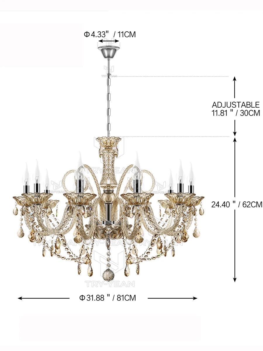 TRY-YEAN Vintage Crystal 10 Arm Cognac Chandelier Classic K9 Crystals Drop Pendant Lighting for Living Room Bedroom Hallway E14