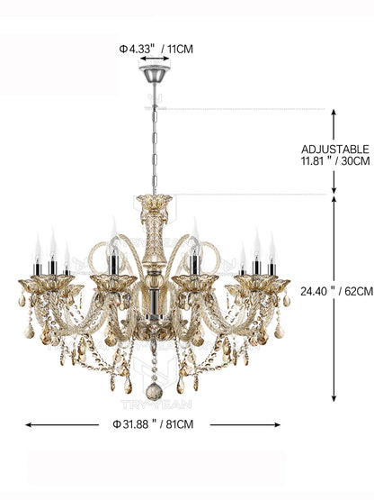 TRY-YEAN Vintage Crystal 10 Arm Cognac Chandelier Classic K9 Crystals Drop Pendant Lighting for Living Room Bedroom Hallway E14