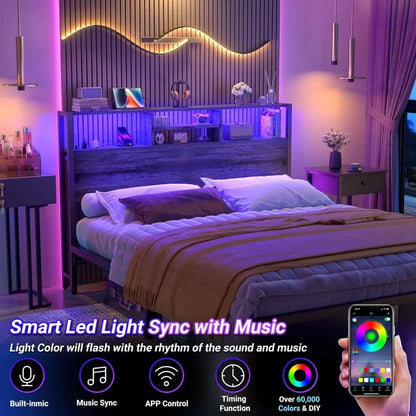 Tête de lit Queen Size avec prises, ports USB, lumière LED et rangement, hauteur réglable, tête de lit pour cadre de lit Queen Size