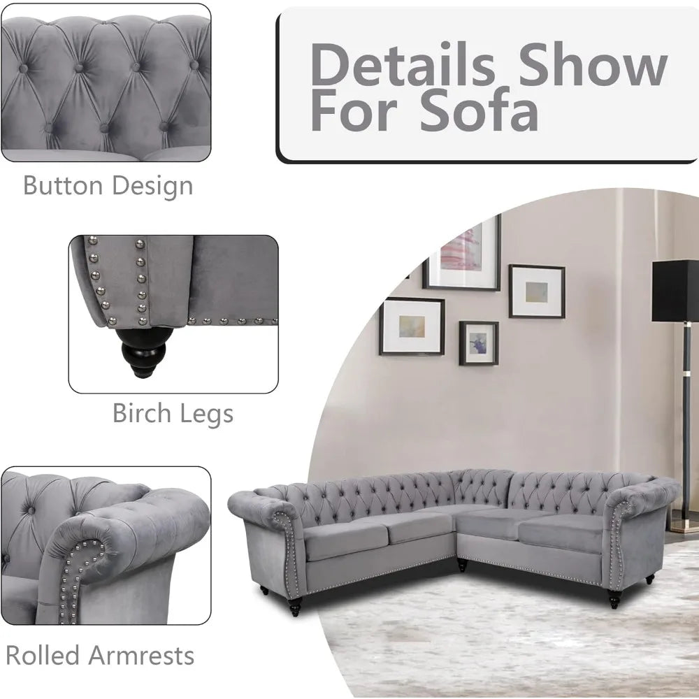 L-Shaped Sofa, Sectional Chesterfield Couch 5-Seater Velvet Upholstered Tufted Sofa with Rolled Armrest for Living Room