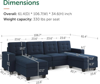 Velvet Sectional Couch with Storage U Shaped Couch with Chaises for Living Room, Dark Blue