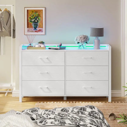 Commode pour chambre à coucher, commode double à 6 tiroirs avec lumières LED, commode en bois, commode de rangement moderne pour chambre à coucher, noire