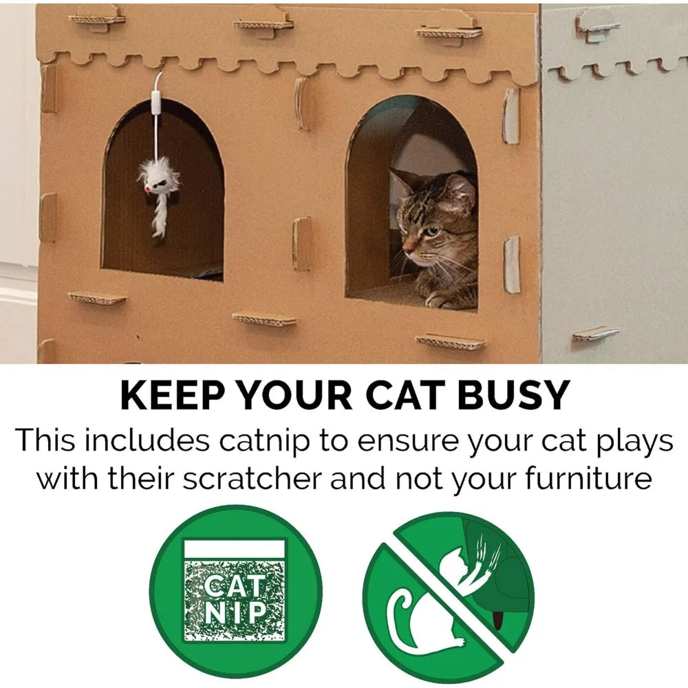 Maison pour chat en carton à plusieurs niveaux avec herbe à chat pour chats d'intérieur, griffoirs et jouets - High Castle Tower Corrugated