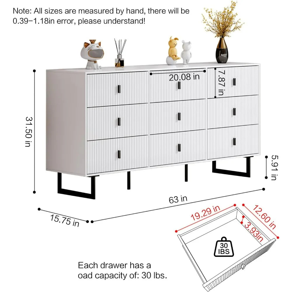 Commode à 9 tiroirs pour chambre à coucher, commode triple moderne à 9 tiroirs avec tiroirs profonds