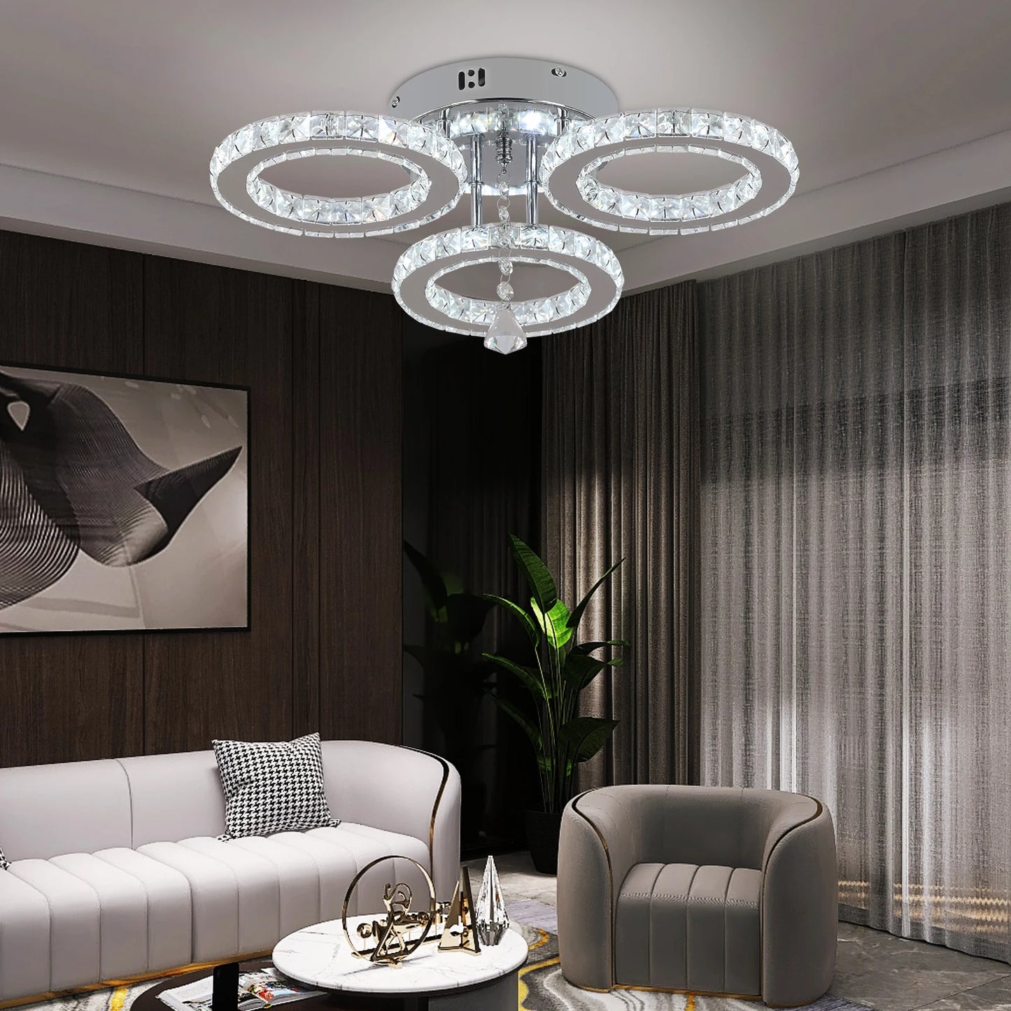 Modern Lustres K9 Crystal Chandelier Ceiling Lamps 3 Rings Stainless Steel Hanging Light Fixture Led Pendant Lamp Home Appliance