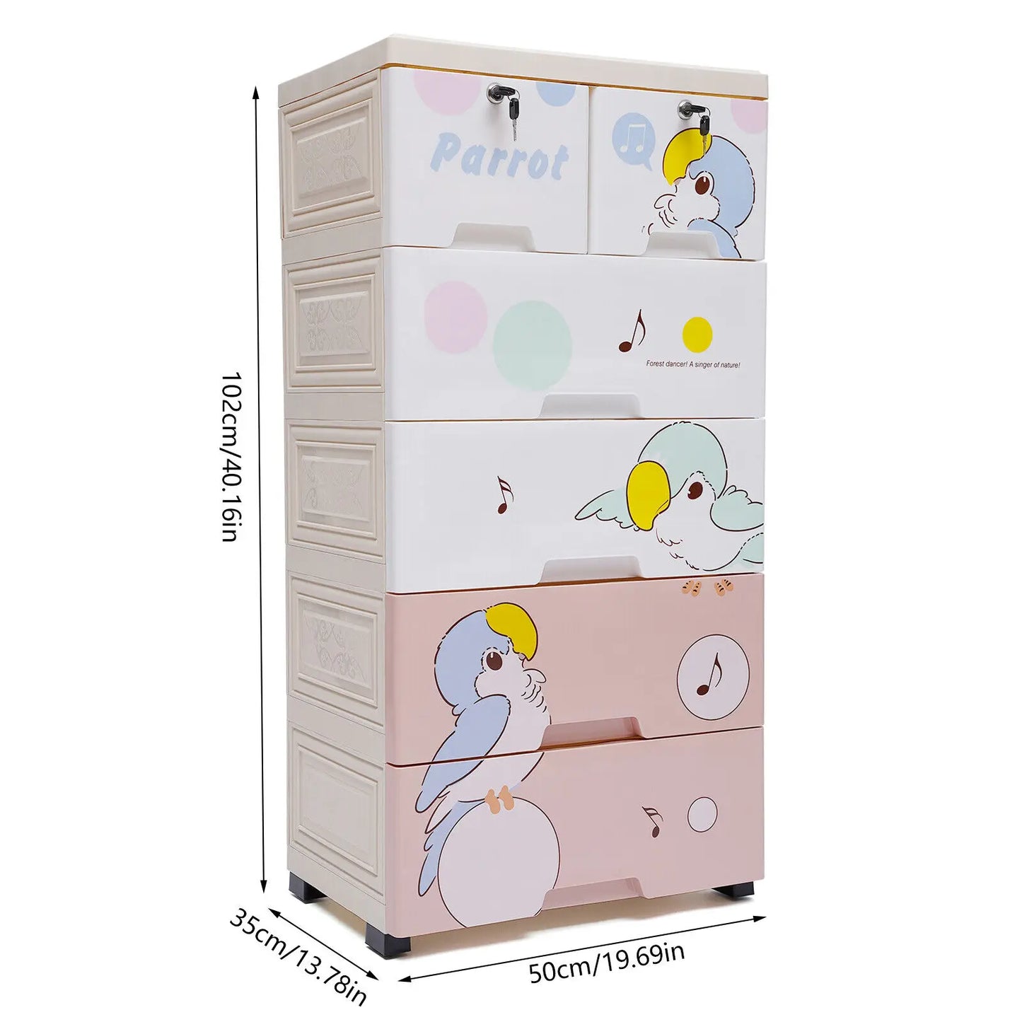 Modern Rolling Parrot Plastic Dresser Storage Cabinet 5 Layers 6 Drawer Bedroom Furniture Home Organizer for Clothes with Lock