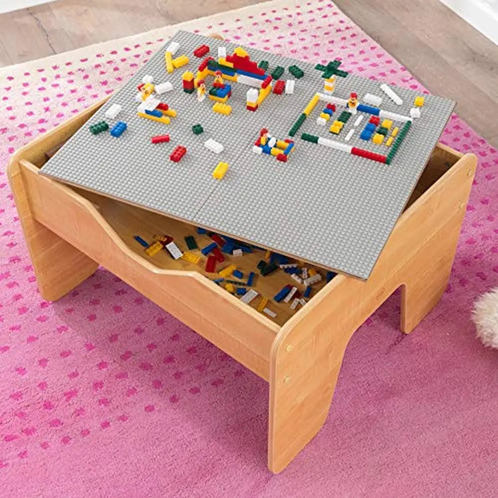 Interactive Wooden Activity Table with 195 Building Bricks and Hidden Storage Gray & Natural Theme