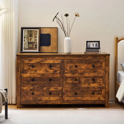 Farmhouse Wood Chest of 6 Drawers with Vintage Grain Texture, Double Dresser for Bedroom, Living Room, Hallway, Rustic Brown