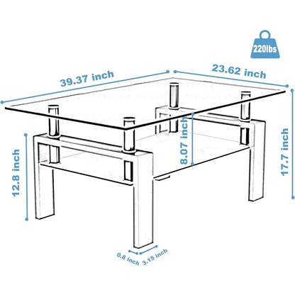 Table basse en verre transparent et tube métallique (entièrement noir)