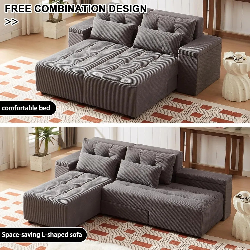 Convertible Sectional Sofa, L-Shaped Sofas with 4 Storage Space, Pull-Out Sofa Bed with 4 Pillows, Convertible Sectional Sofa