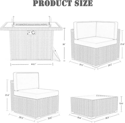 8 Piece Patio Furniture Set with 44" Propane Gas Fire Pit Table, Set Wicker Rattan Sofa Set and Coffee Table Rattan Möbel