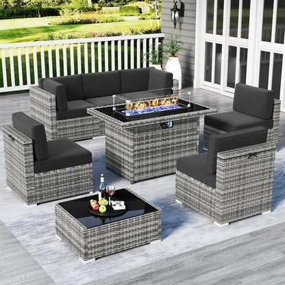 Juego de muebles de patio de 8 piezas con mesa para fogata a gas propano de 44", juego de sofá de mimbre y ratán y mesa de centro Rattan Möbel