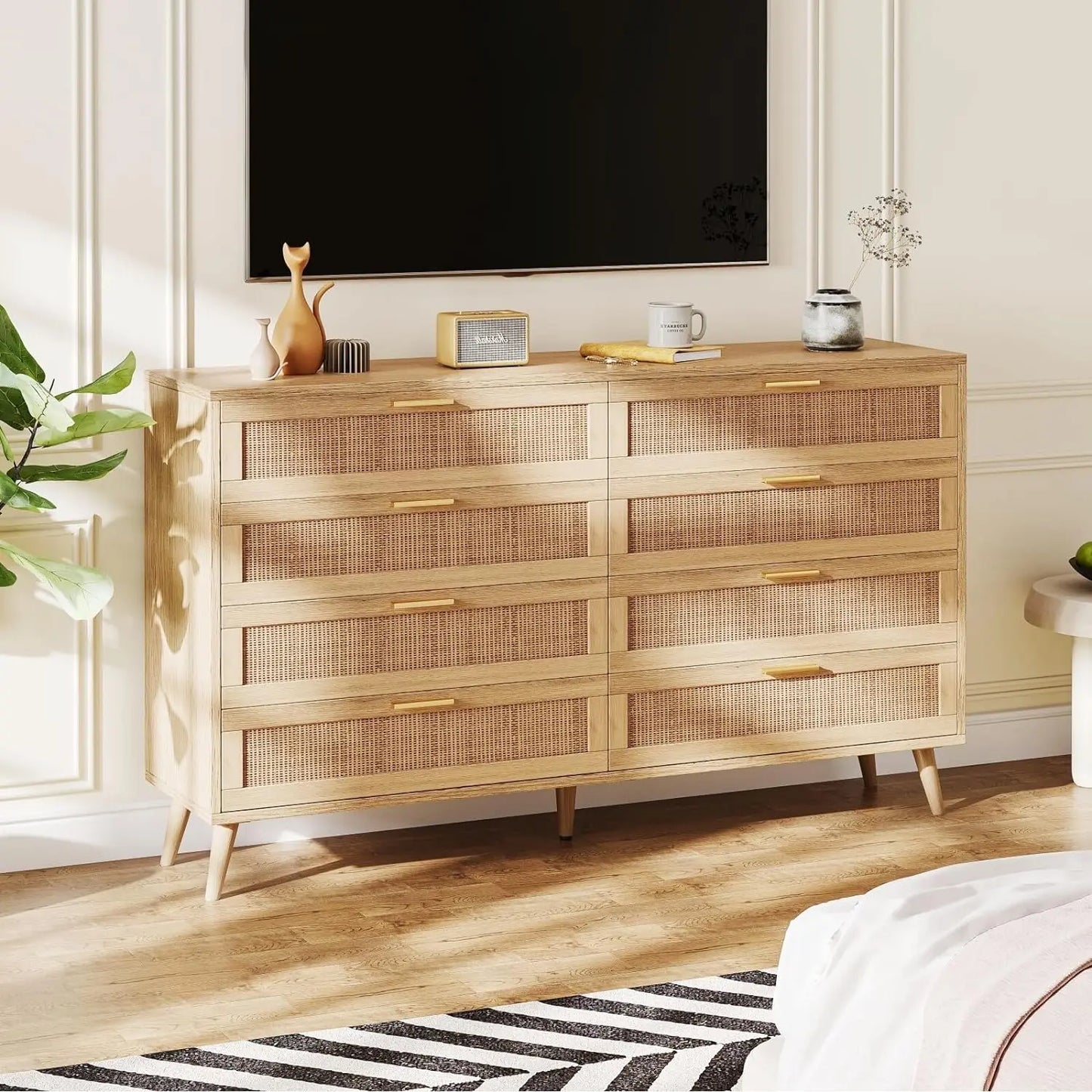 6/8 Drawer Double Dresser for Bedroom, Rattan Chest of Dressers, Modern Wooden Dresser Chest with Golden Handles