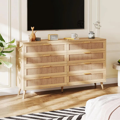 6/8 Drawer Double Dresser for Bedroom, Rattan Chest of Dressers, Modern Wooden Dresser Chest with Golden Handles