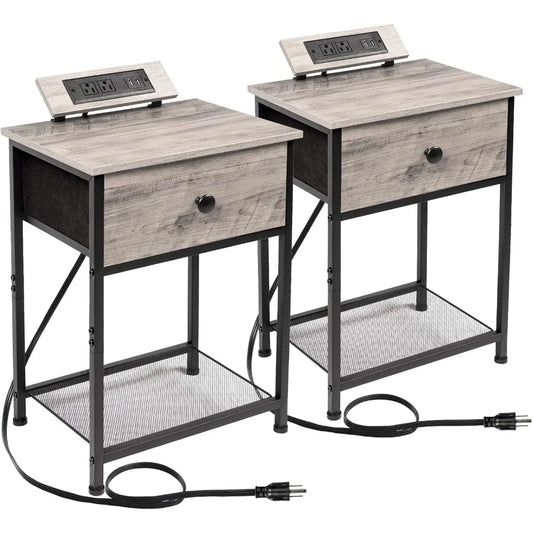 Night Stand, Nightstands Set of 2 with Charging Station, Small End Tables with USB Ports & Outlets, Slim Bedside Tabl